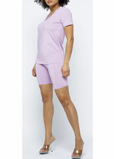 Daisy Solid V Neck Short Sleeve Top T Shirt & Biker Shorts Set (Lavender)